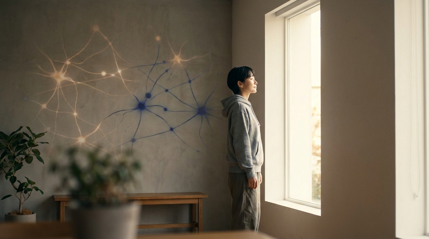Une personne regarde par une fenêtre avec des représentations de neurones projetées sur le mur intérieur.