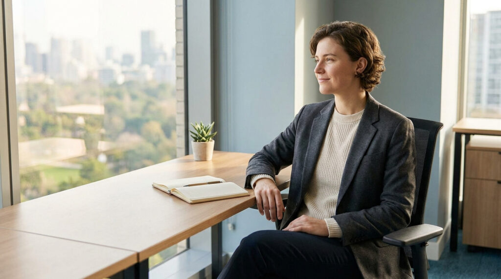 Femme sereine assise à un bureau lumineux face à une fenêtre avec vue sur la ville, évoquant un retour au travail apaisé.
