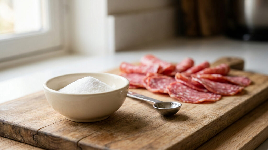 Bol de sel blanc à côté d'une planche avec des tranches de saucisson, prêt pour la préparation de charcuterie.