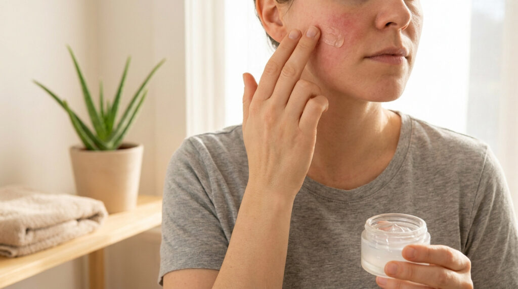 Une femme applique du gel d'aloe vera sur sa joue rouge et irritée pour apaiser sa peau.