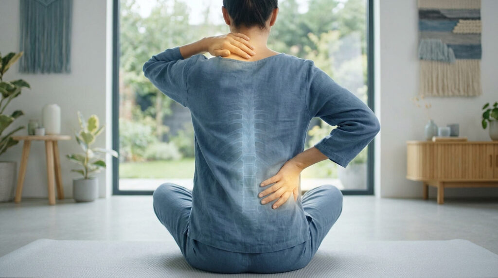 Vue arrière d'une personne assise en tailleur souffrant de douleurs au dos avec un schéma de colonne vertébrale.