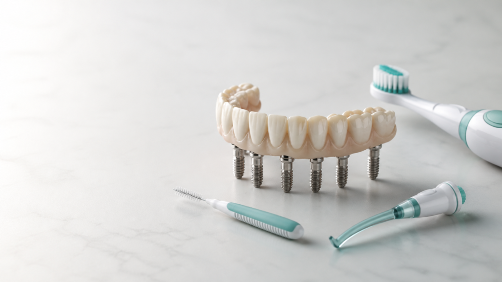 Prothèse dentaire All-on-6, brossette et brosse à dents électrique sur un plan de travail