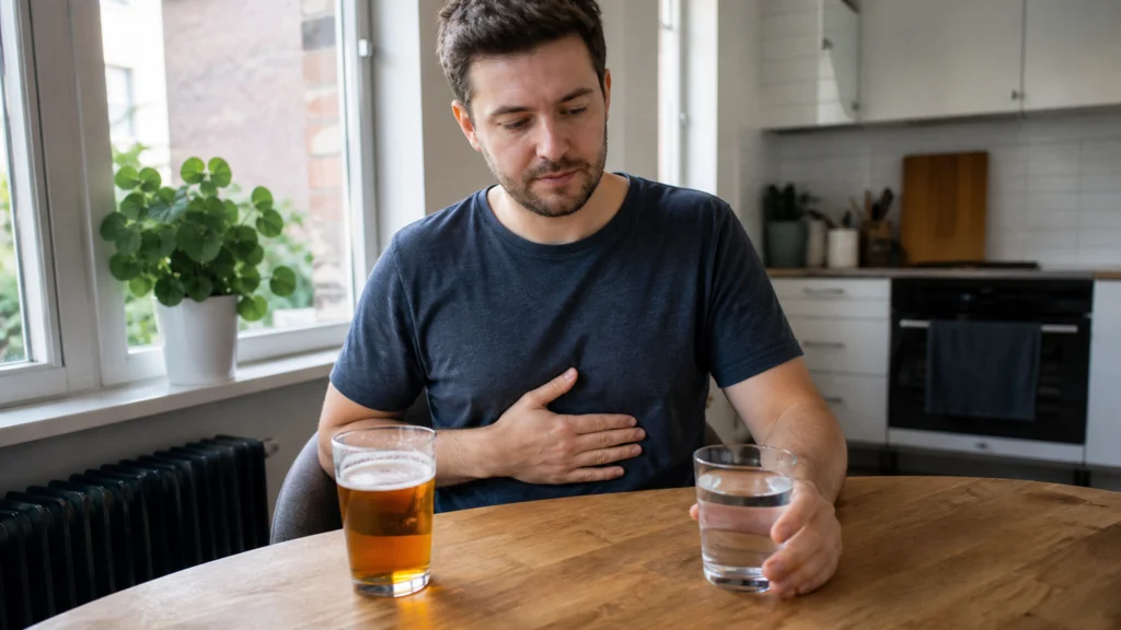 Illustration éditoriale pour l’article « Bière et brûlure d'estomac : comment calmer le reflux »