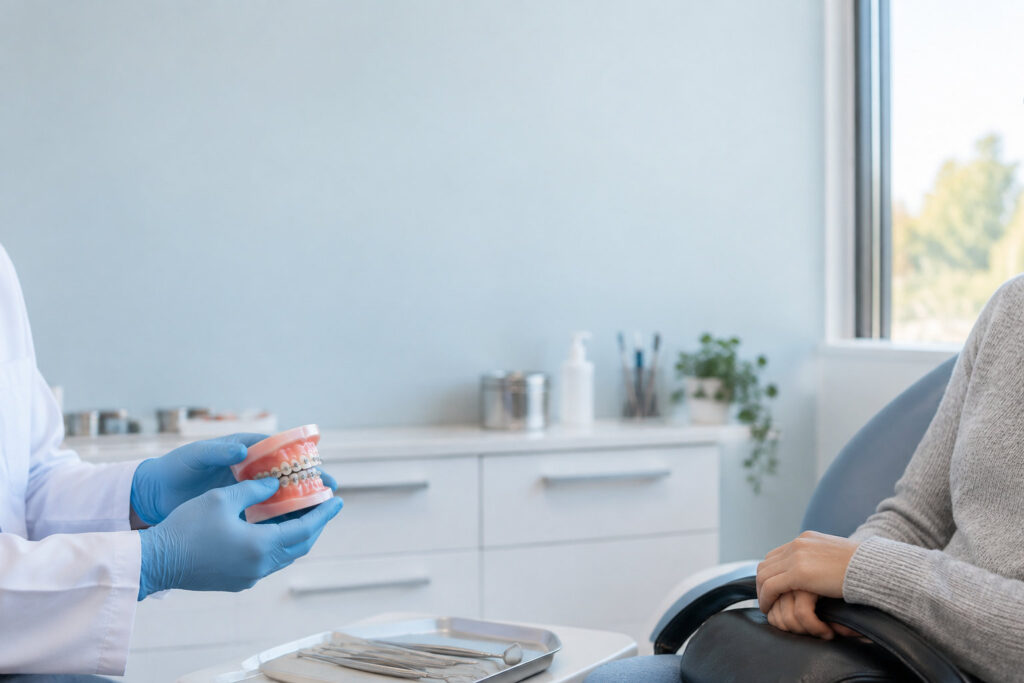 Un orthodontiste en gants bleus explique un modèle de dents avec bagues à un patient dans un cabinet dentaire.
