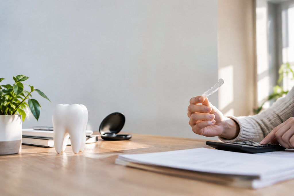 Une personne tient un aligneur dentaire transparent au-dessus d'une calculatrice sur un bureau avec une maquette de dent.