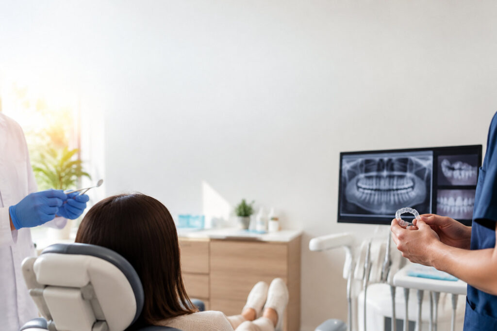 Un orthodontiste montre une gouttière transparente à une patiente assise dans un fauteuil dentaire.