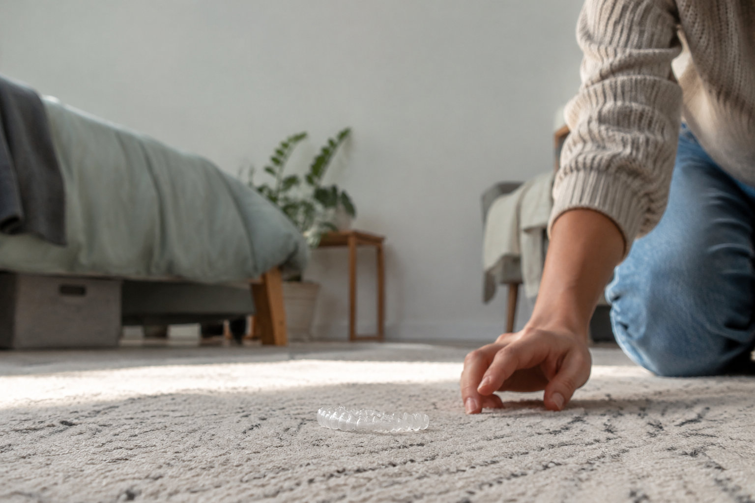 Une personne à genoux cherchant un appareil dentaire transparent tombé sur un tapis dans une chambre à coucher.