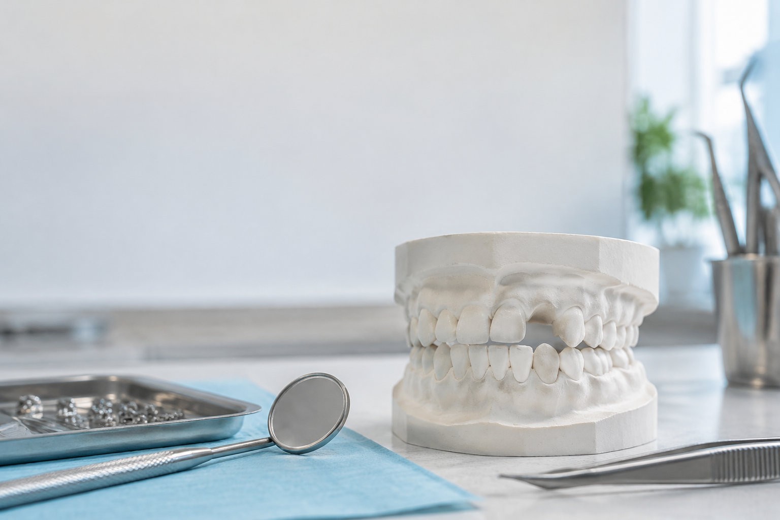 Modèle en plâtre d'une dentition montrant une agénésie de l'incisive latérale, posé sur une table avec des outils dentaires.