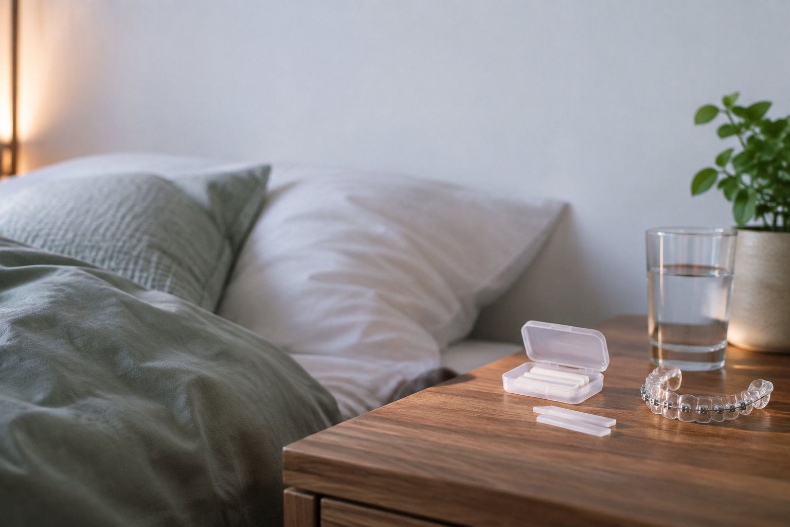 Boîte de cire orthodontique et gouttières dentaires sur une table de chevet près d'un lit.
