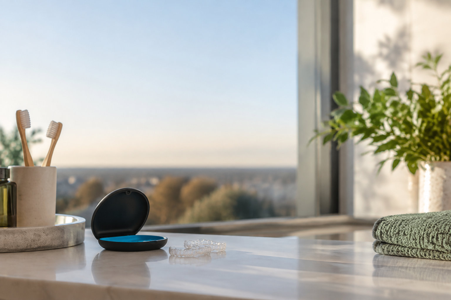 Aligneurs dentaires transparents Invisalign posés sur un comptoir de salle de bain avec une vue panoramique.