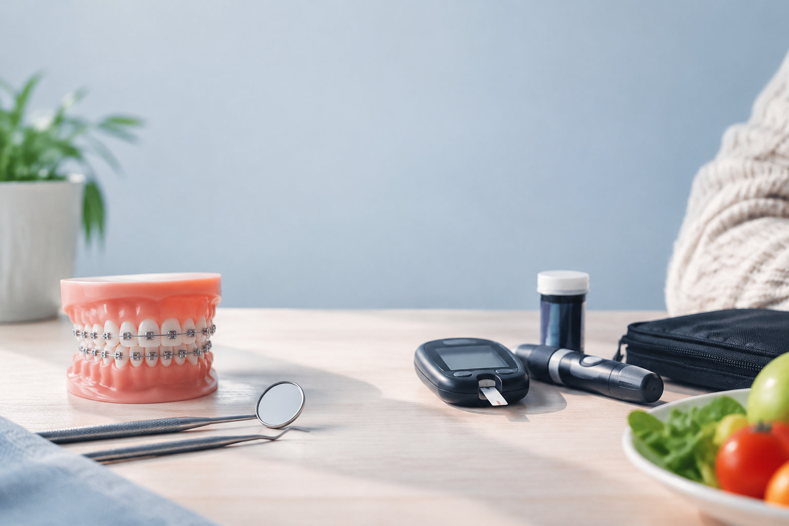 Modèle dentaire avec appareil orthodontique, lecteur de glycémie et salade sur une table.
