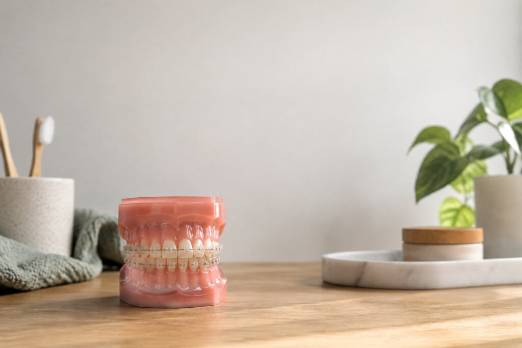 Modèle de dentition avec bagues en céramique posé sur une table en bois dans une salle de bain lumineuse.