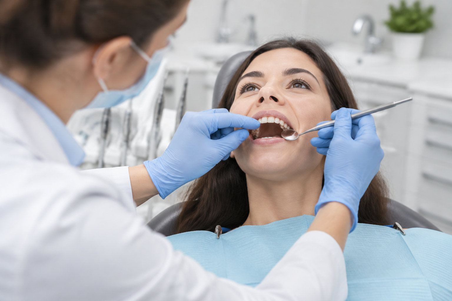 Un dentiste ganté examine la bouche ouverte d’une patiente allongée dans un fauteuil, à l’aide d’un miroir dentaire.