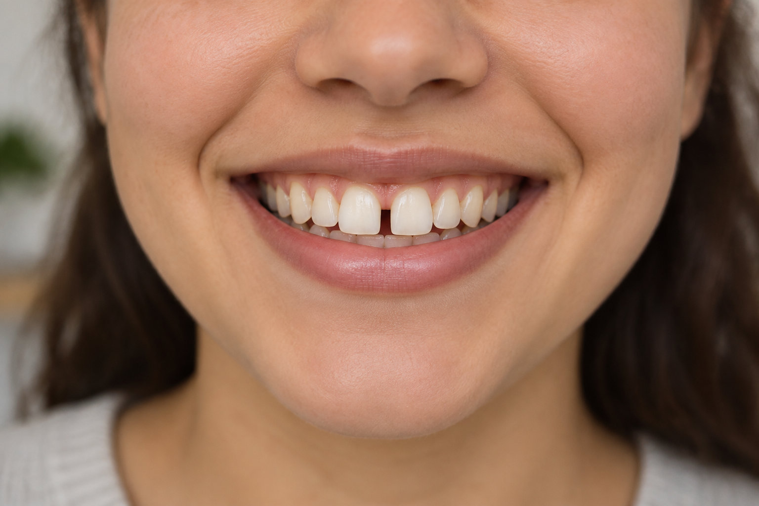 Gros plan sur le sourire d’une personne montrant ses dents légèrement espacées.