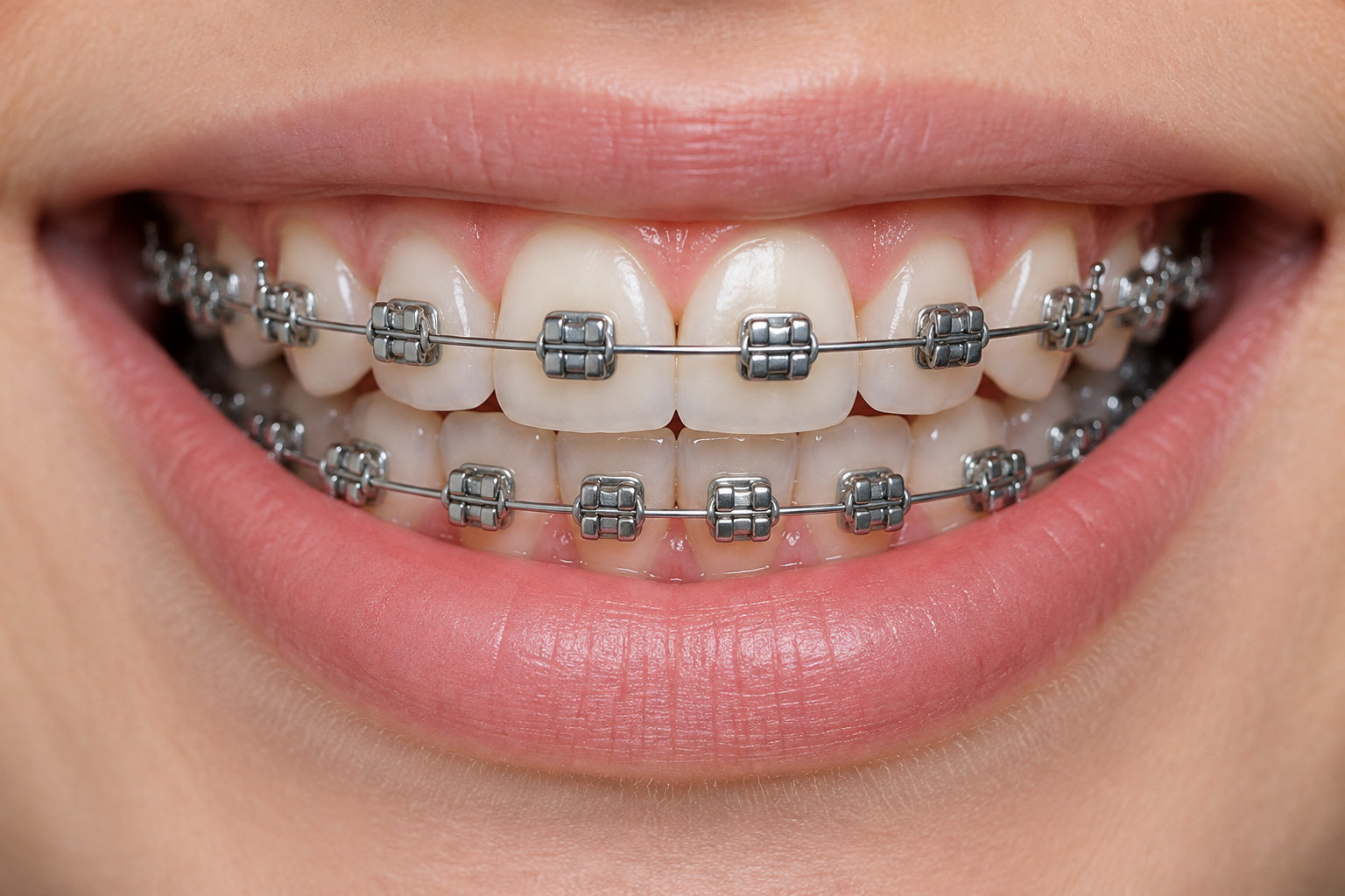 Gros plan sur une bouche souriante portant un appareil dentaire métallique sur les dents du haut et du bas.