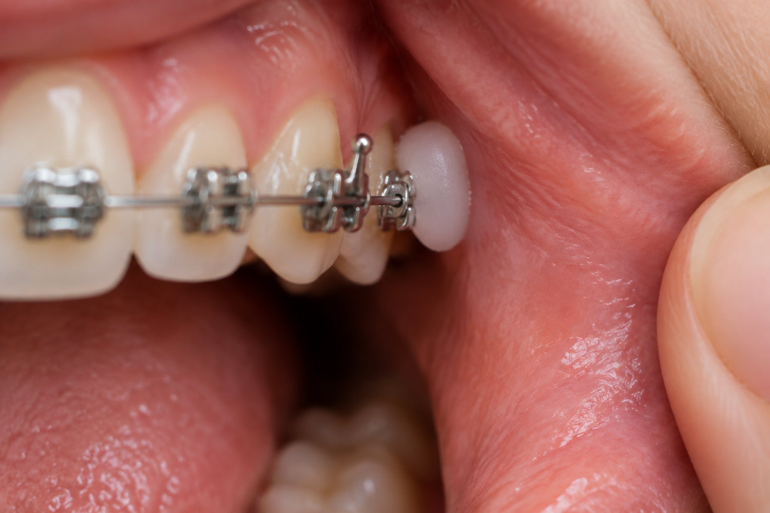 Gros plan sur des dents équipées d’un appareil orthodontique métallique, tandis qu’un doigt écarte la joue.