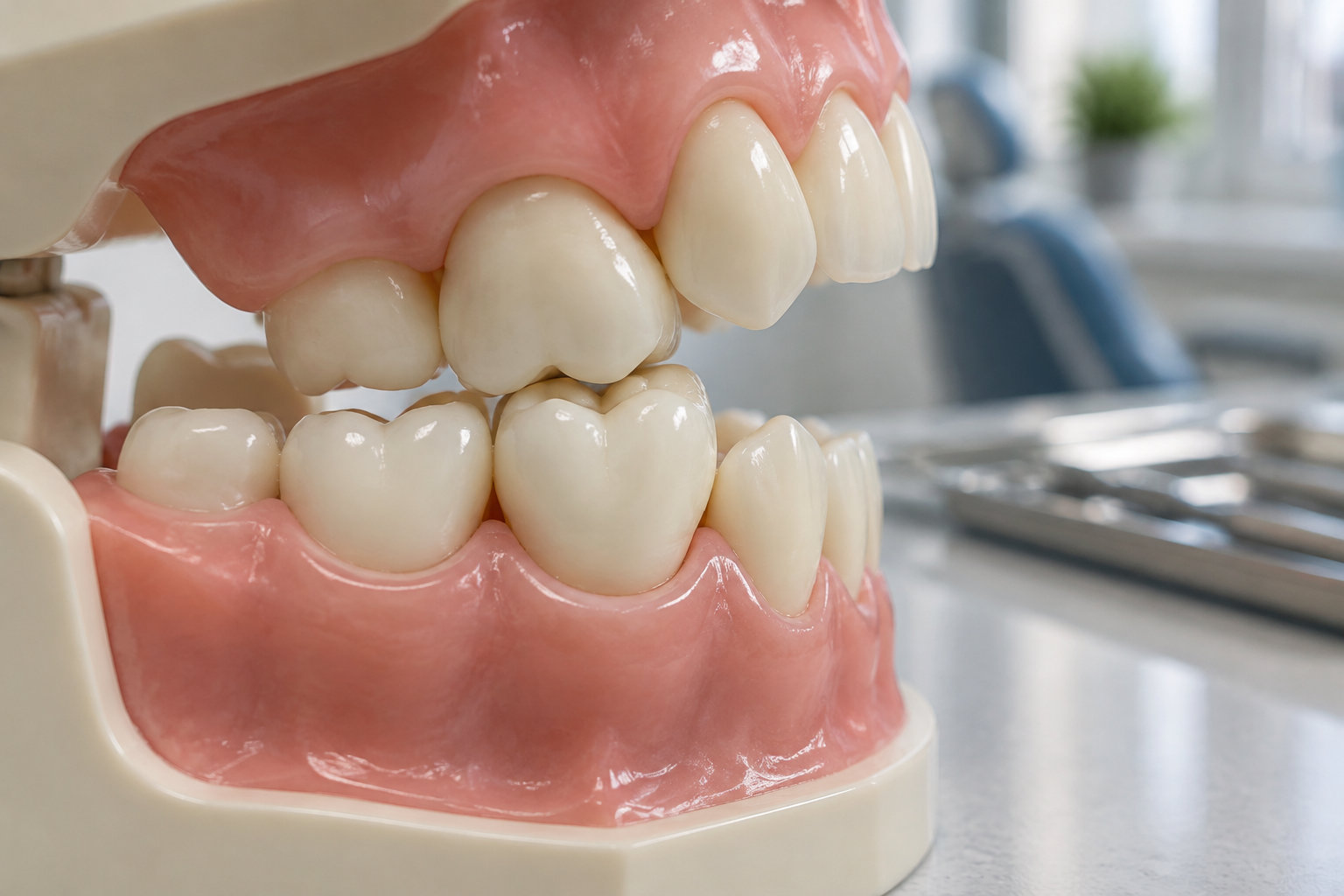 Gros plan sur un modèle de mâchoire avec des dents, posé dans un cabinet dentaire.
