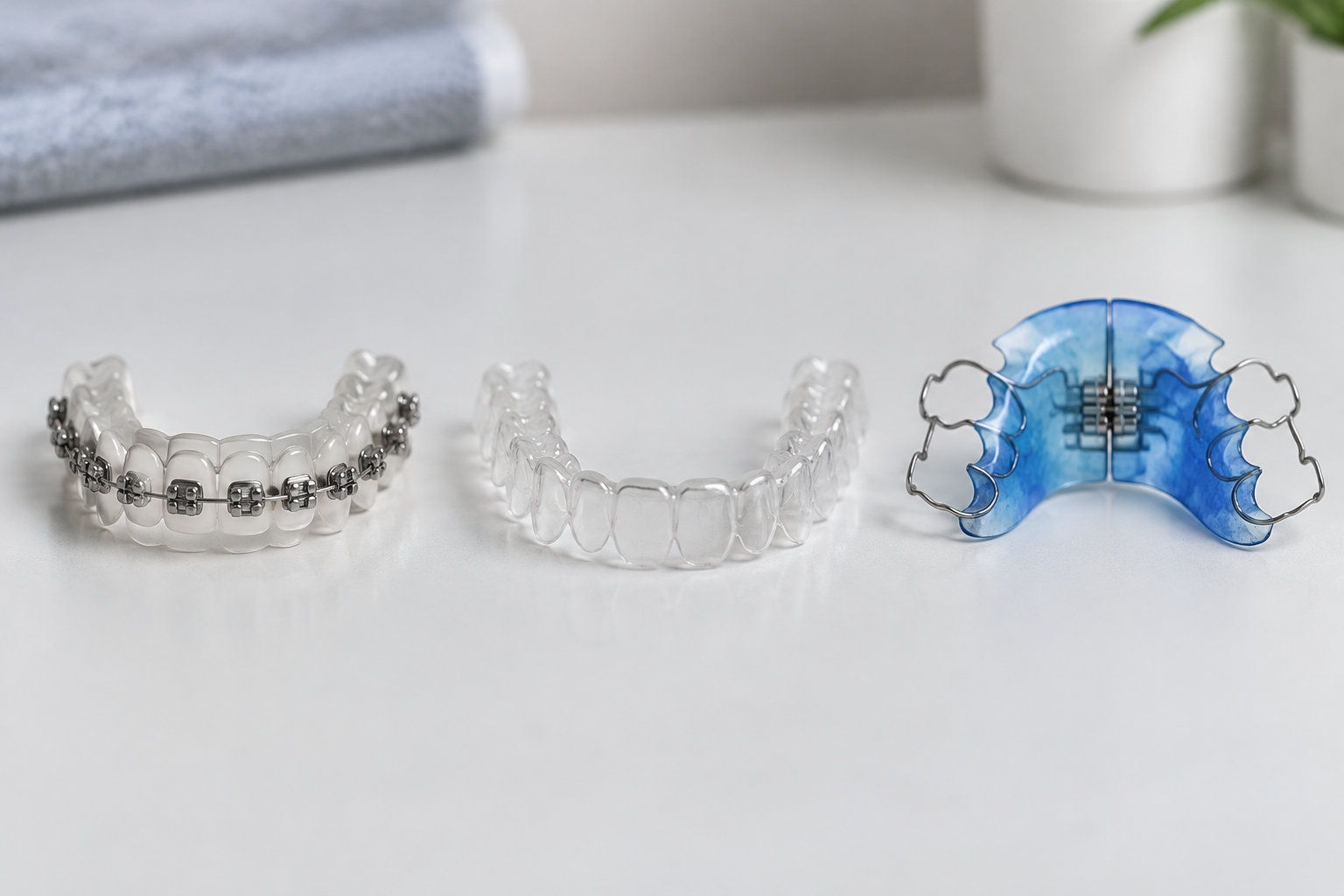 Trois appareils dentaires sont posés côte à côte sur une surface blanche : un appareil avec des bagues métalliques, une gouttière transparente et un appareil bleu avec des fils métalliques.