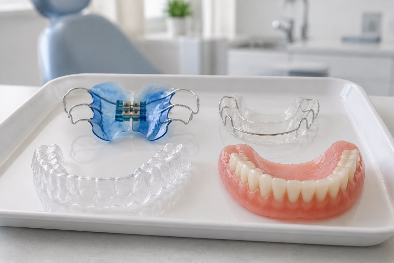 Quatre appareils dentaires, dont deux gouttières transparentes et un dentier, sont disposés sur un plateau blanc.