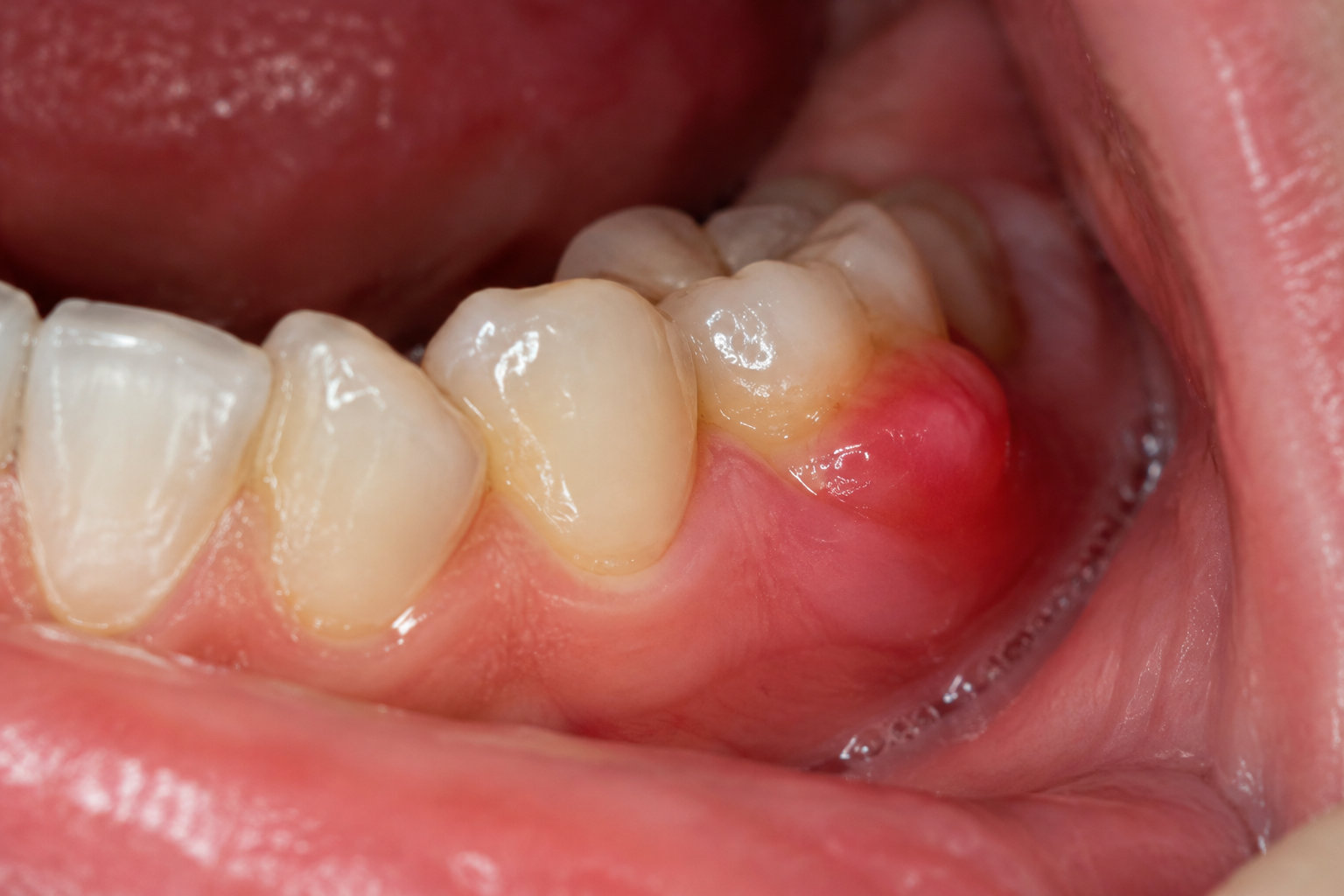 Gros plan sur des dents et les gencives, avec une zone rouge et gonflée autour d’une dent du fond.