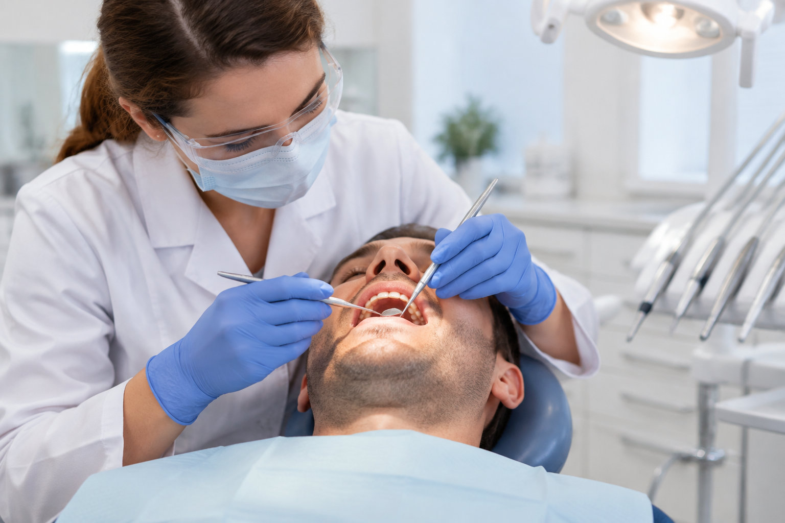 Une dentiste examine les dents d’un patient allongé dans un fauteuil, à l’aide d’instruments, dans un cabinet dentaire.