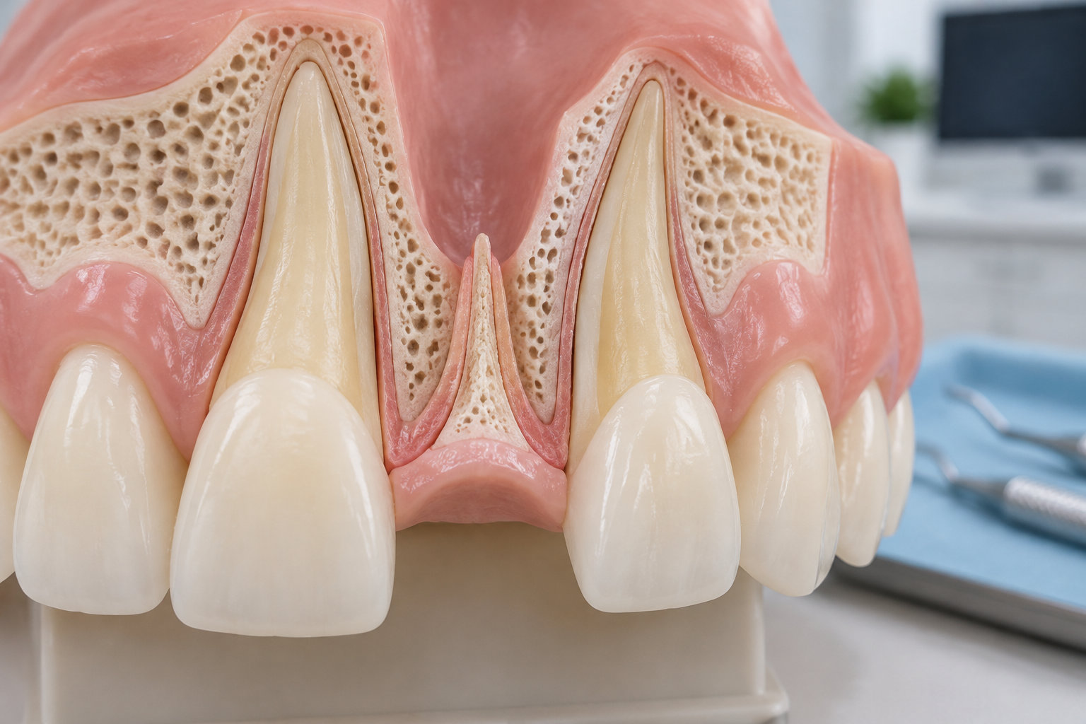 Gros plan sur une maquette anatomique montrant les dents, les gencives et l’os de la mâchoire.