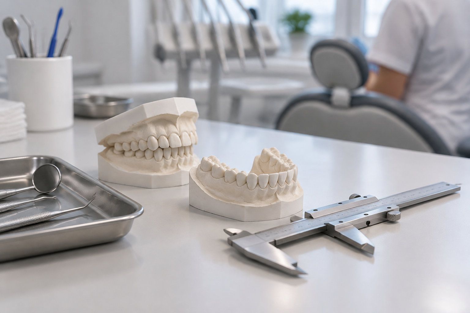 Des modèles de mâchoires, des instruments dentaires et un pied à coulisse sont disposés sur une table dans un cabinet dentaire.