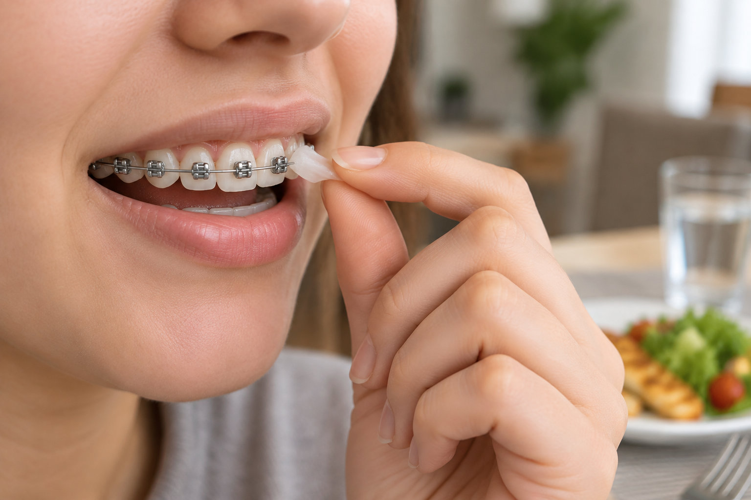 Gros plan sur une personne qui passe du fil dentaire entre ses dents équipées d’un appareil orthodontique, avec un verre d’eau et une assiette de nourriture en arrière-plan.