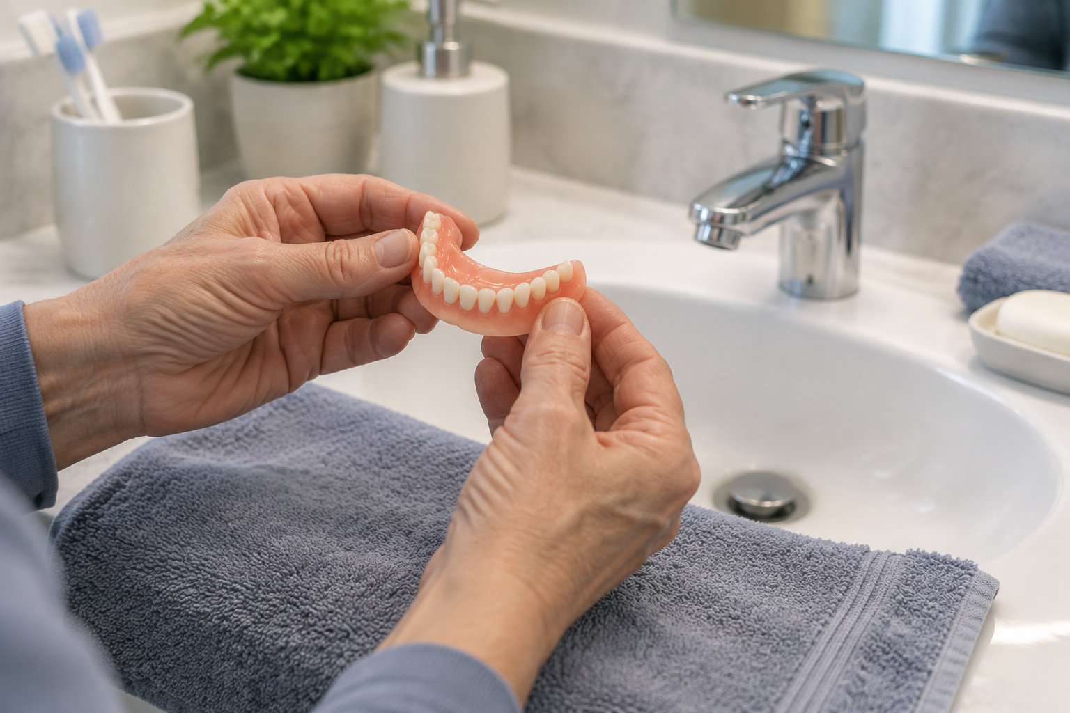 Deux mains tiennent un dentier au-dessus d’une serviette grise, devant un lavabo de salle de bains.