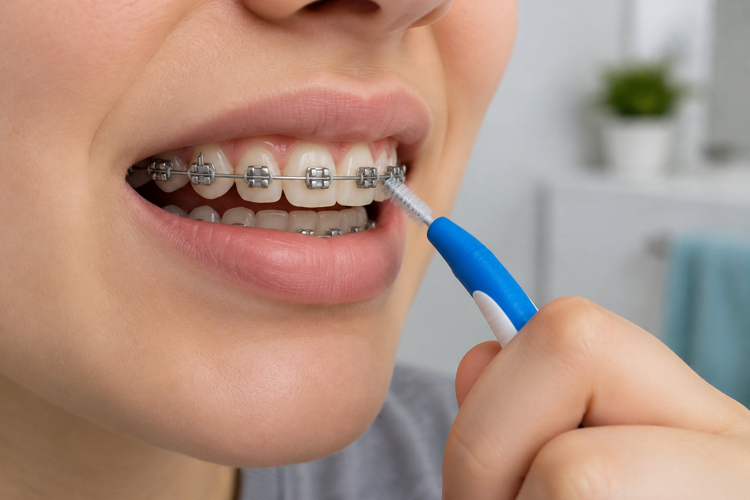 Une personne nettoie les bagues de son appareil dentaire avec une brossette interdentaire à manche bleu.