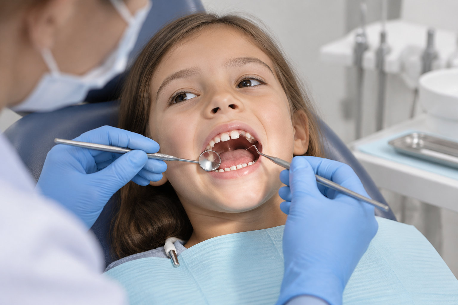 Une dentiste examine les dents d’une fillette allongée sur un fauteuil, à l’aide d’un miroir et d’un instrument dentaire.
