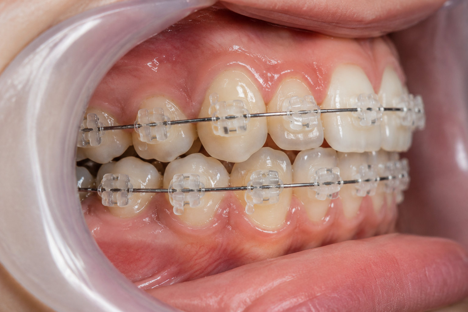 Gros plan sur des dents munies d’un appareil dentaire à brackets transparents et fils métalliques, avec un écarteur maintenant la bouche ouverte.