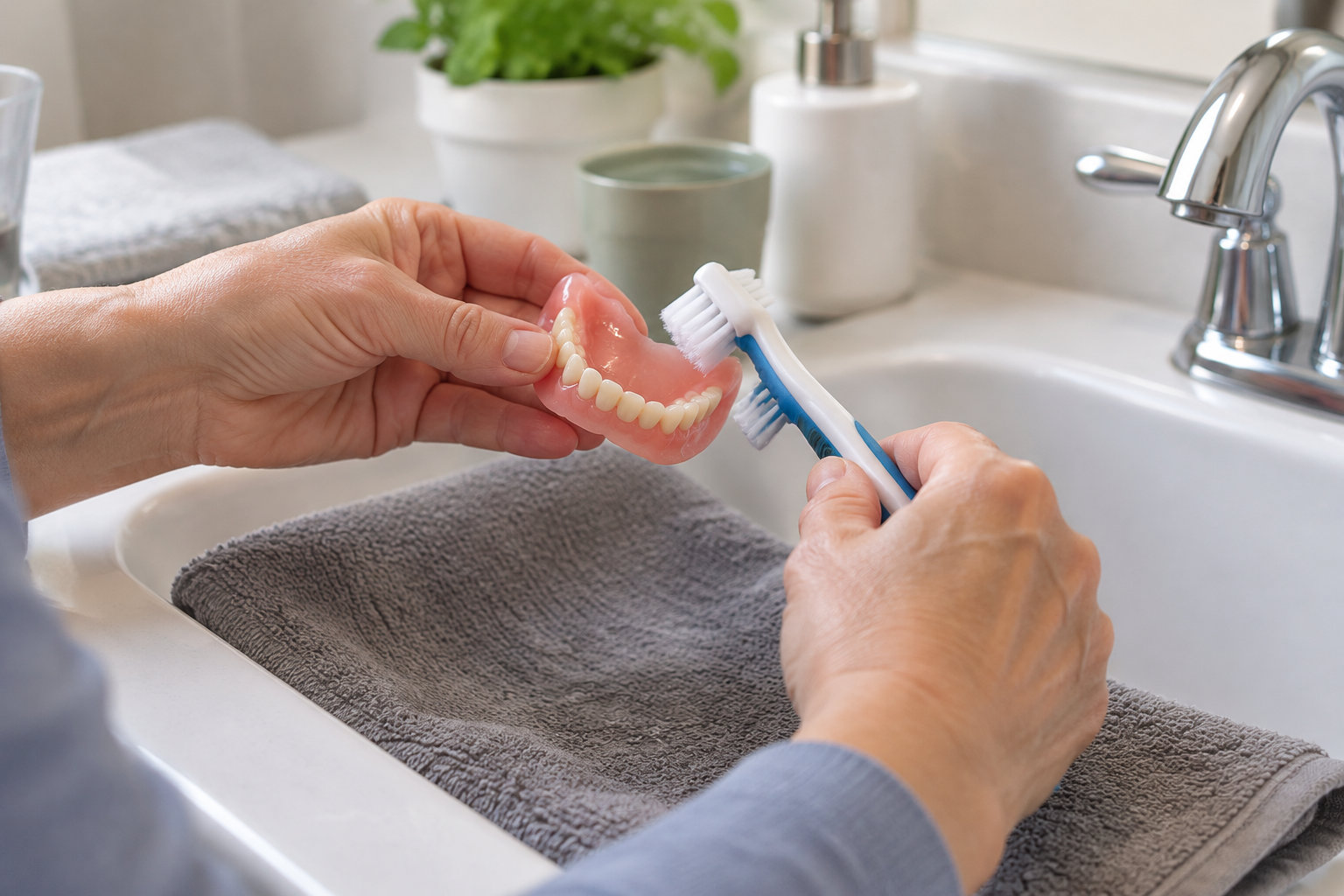 Une personne tient un dentier et le brosse avec une brosse à dents au-dessus d’un lavabo.