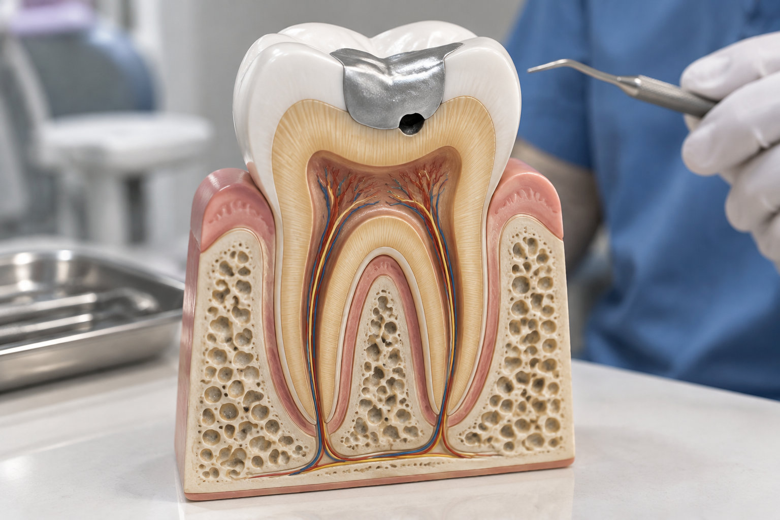 Une maquette en coupe d’une dent avec une obturation métallique est examinée à l’aide d’un instrument tenu par une main gantée.