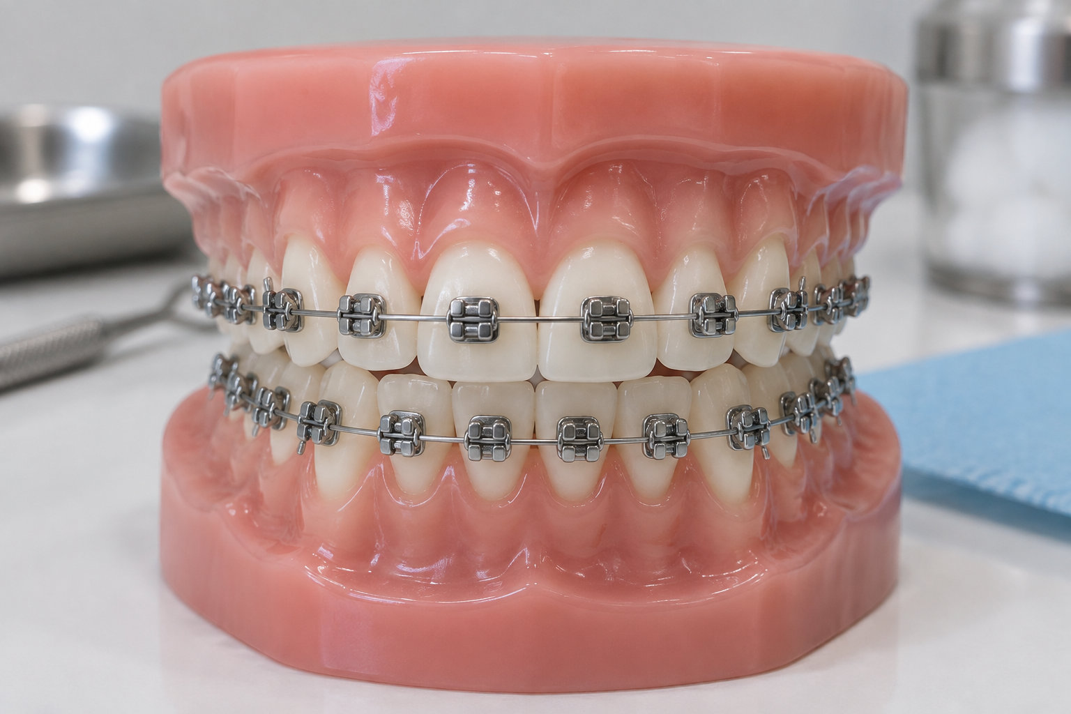 Une maquette de mâchoire portant des bagues orthodontiques est posée sur une surface de laboratoire dentaire.