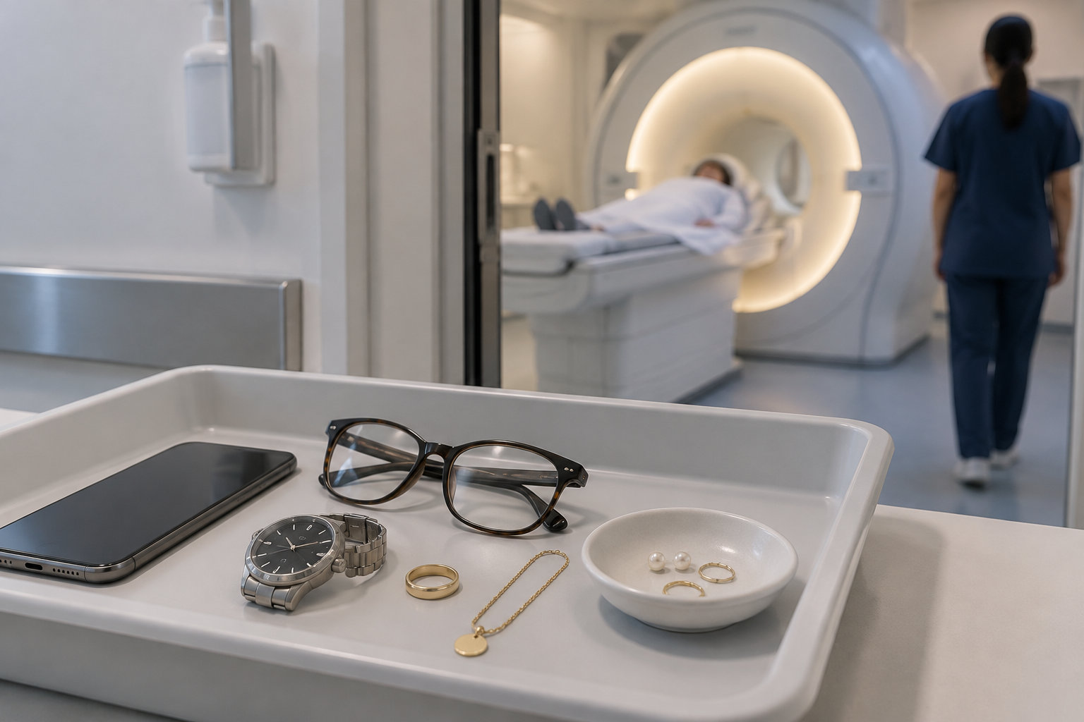 Un plateau contient un téléphone, des lunettes, une montre, un collier et des bijoux, devant un patient allongé dans un appareil d’imagerie et une soignante qui s’éloigne.