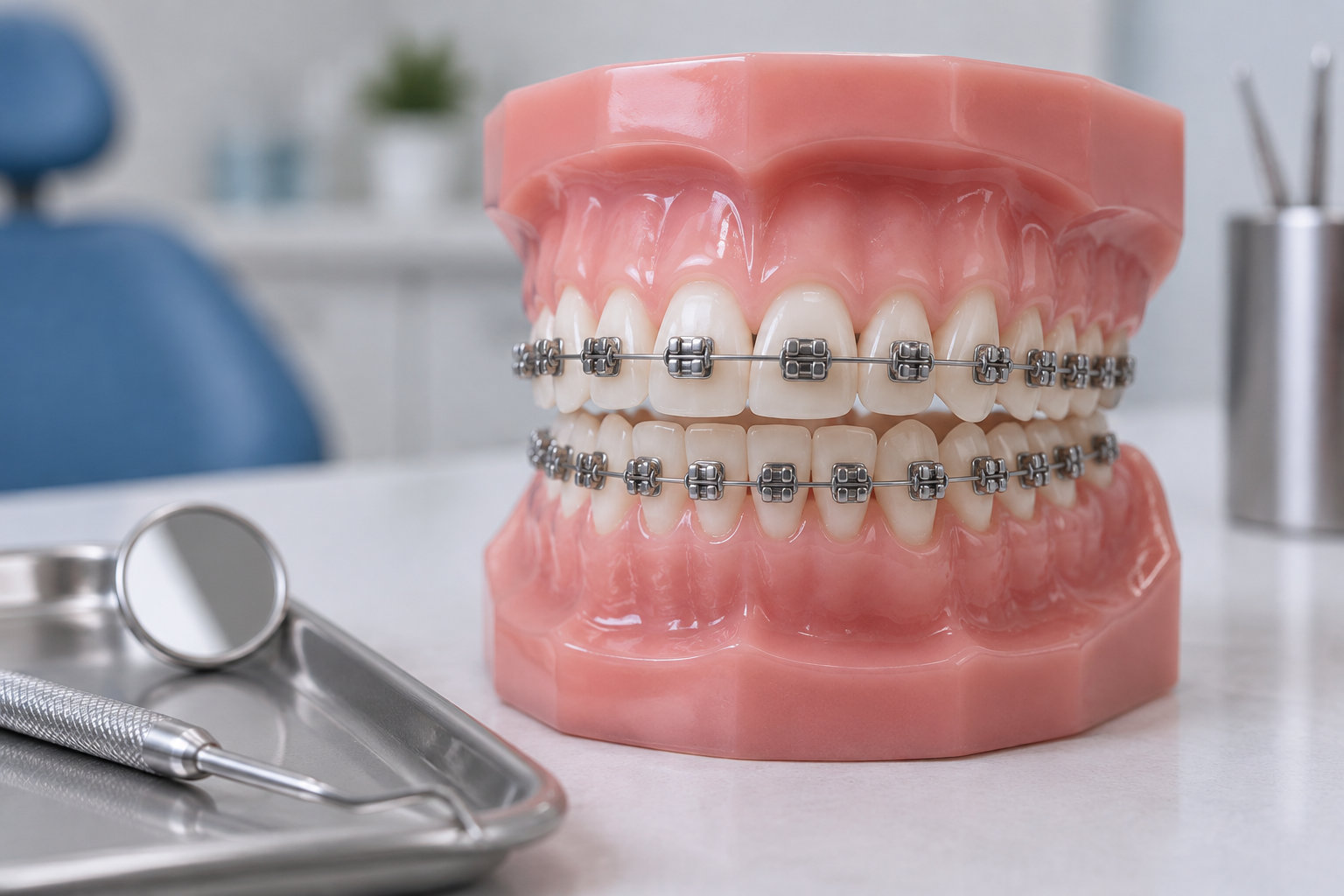 Une maquette de mâchoire équipée d’un appareil dentaire est posée sur un comptoir, à côté d’instruments dentaires.