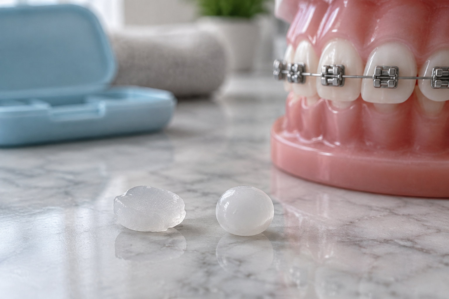Une maquette de dentition équipée d’un appareil dentaire se trouve derrière deux petites pièces blanches posées sur une surface marbrée.