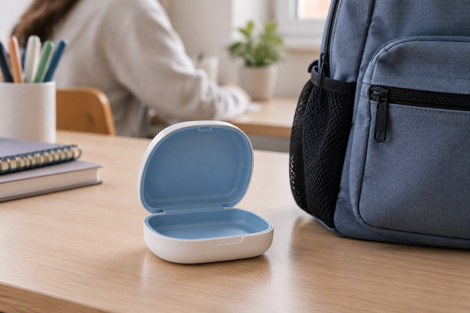 Une boîte blanche ouverte à l’intérieur bleu est posée sur un bureau, près d’un sac à dos, de cahiers et d’un pot à crayons, avec une personne assise en arrière-plan.