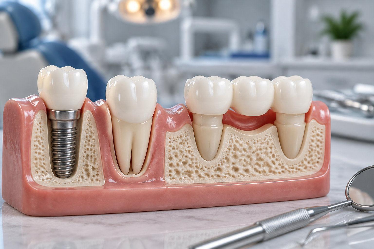 Une maquette de mâchoire montre des dents et une vis d’implant dentaire, avec des instruments de dentiste posés à côté.