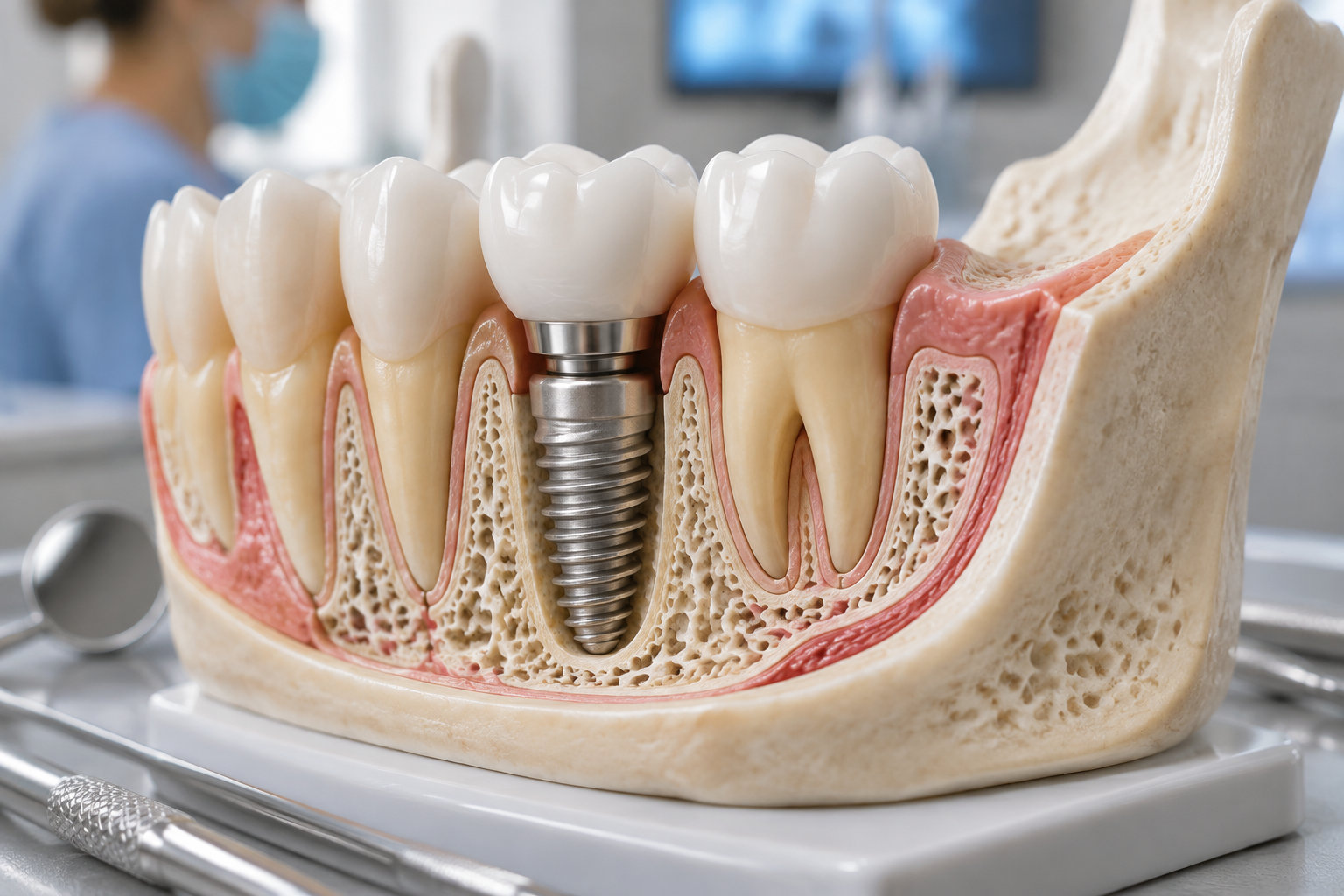Une maquette de mâchoire en coupe montre un implant dentaire métallique surmonté d’une couronne, entouré de dents et de tissus osseux.