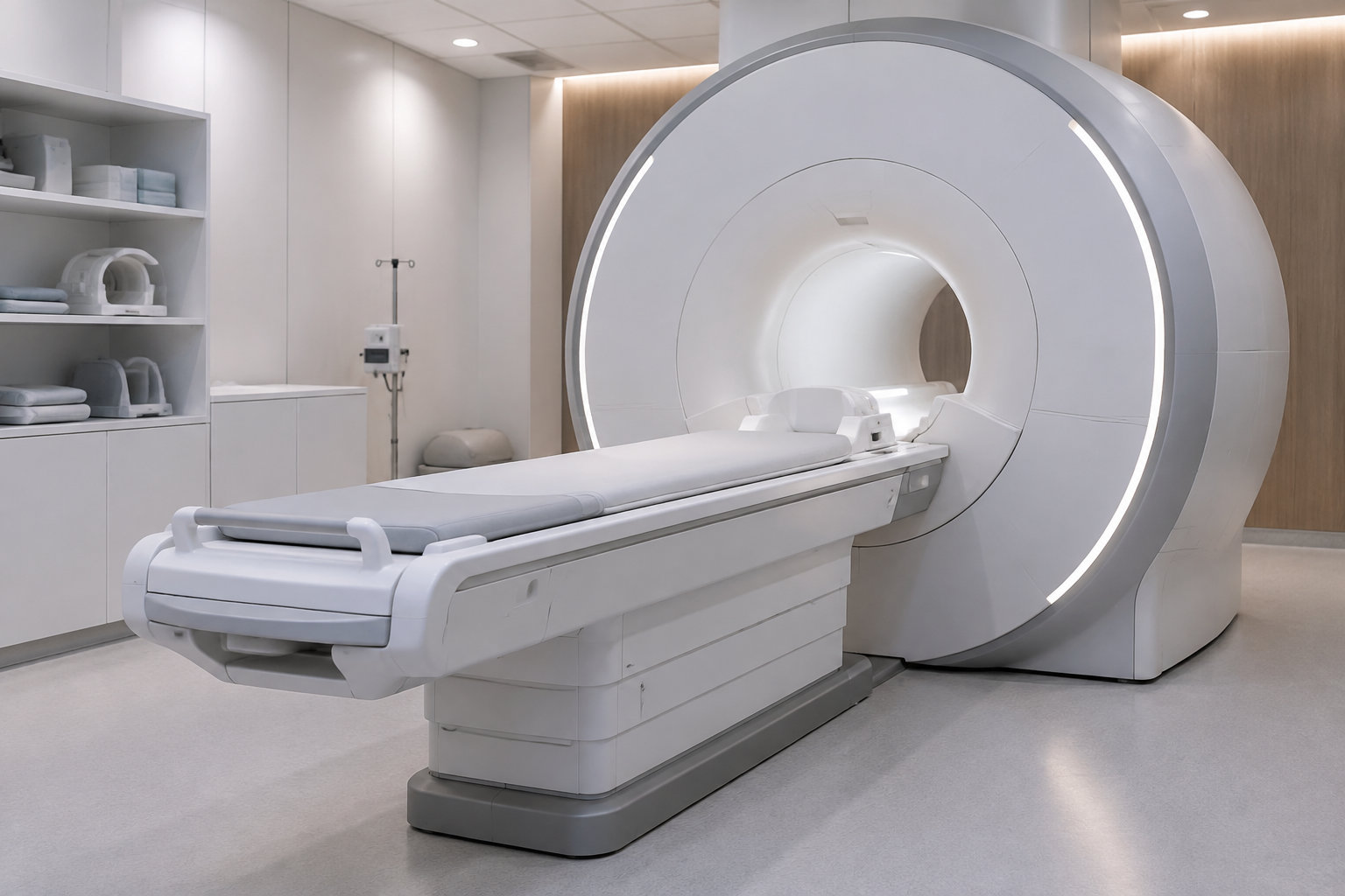 Un appareil d’imagerie médicale avec un anneau circulaire et une table d’examen est installé dans une salle clinique vide.
