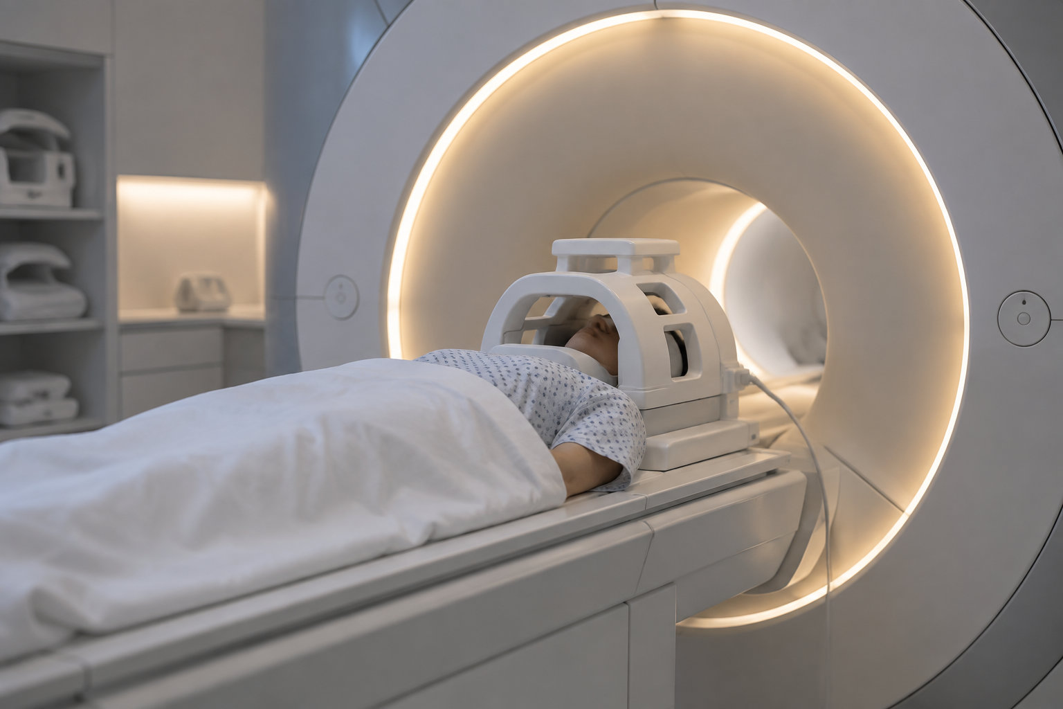 Une personne allongée sur une table d’examen est placée dans un appareil d’imagerie médicale, la tête maintenue par un support, dans une salle éclairée par des lumières douces.