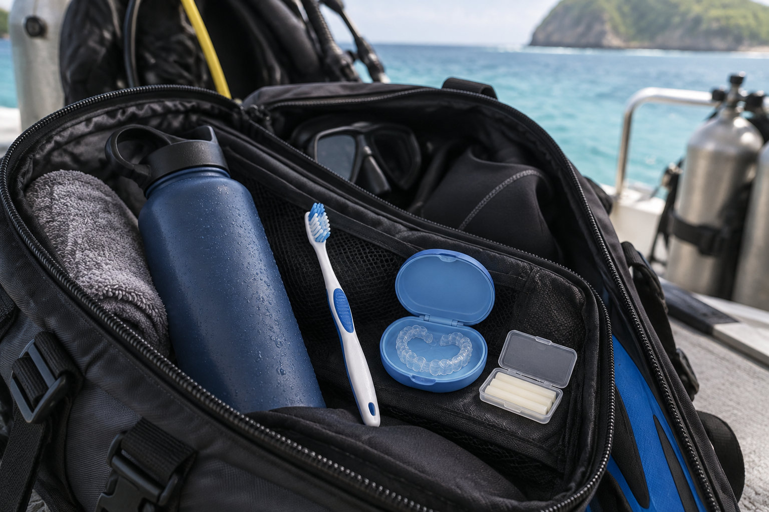 Un sac de plongée ouvert contient une serviette, une gourde, une brosse à dents et des accessoires dentaires, avec la mer et des bouteilles de plongée en arrière-plan.