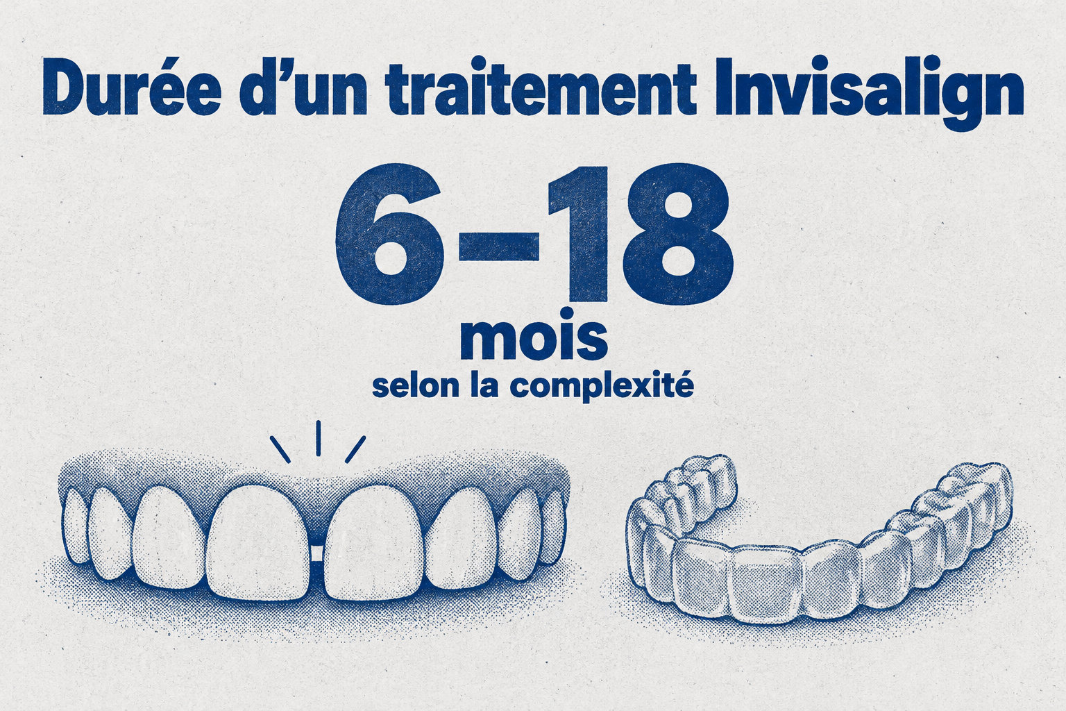 Un traitement Invisalign dure généralement de 6 à 18 mois selon sa complexité.